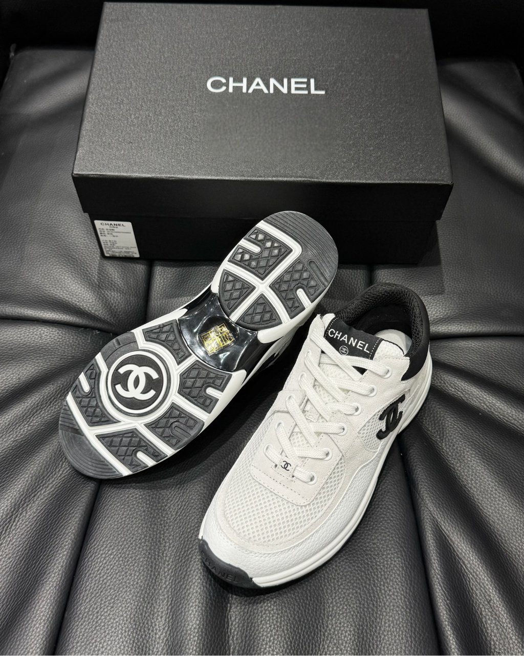 CC Mesh & Caviar Calfskin Sneakers – White & Black