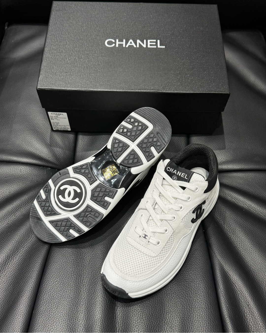 CC Mesh & Caviar Calfskin Sneakers – White & Black