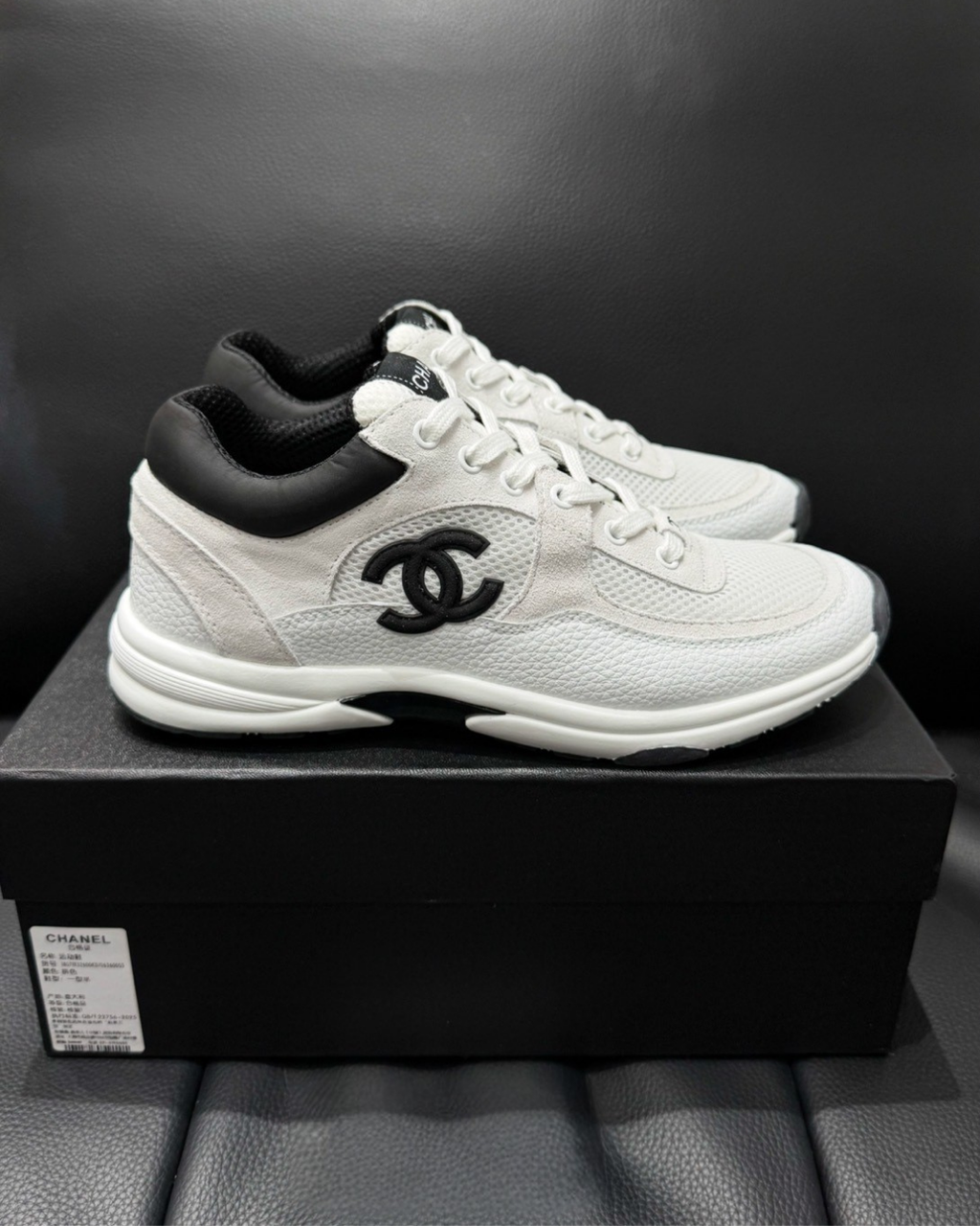 CC Mesh & Caviar Calfskin Sneakers – White & Black